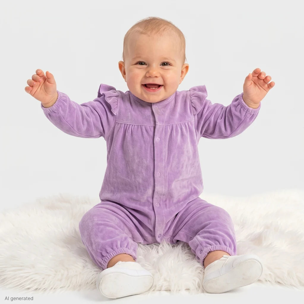 HelloBaby Frill Shoulder Footless Velour Baby Sleepsuit (Newborn to 6-9 Months) - Lilac