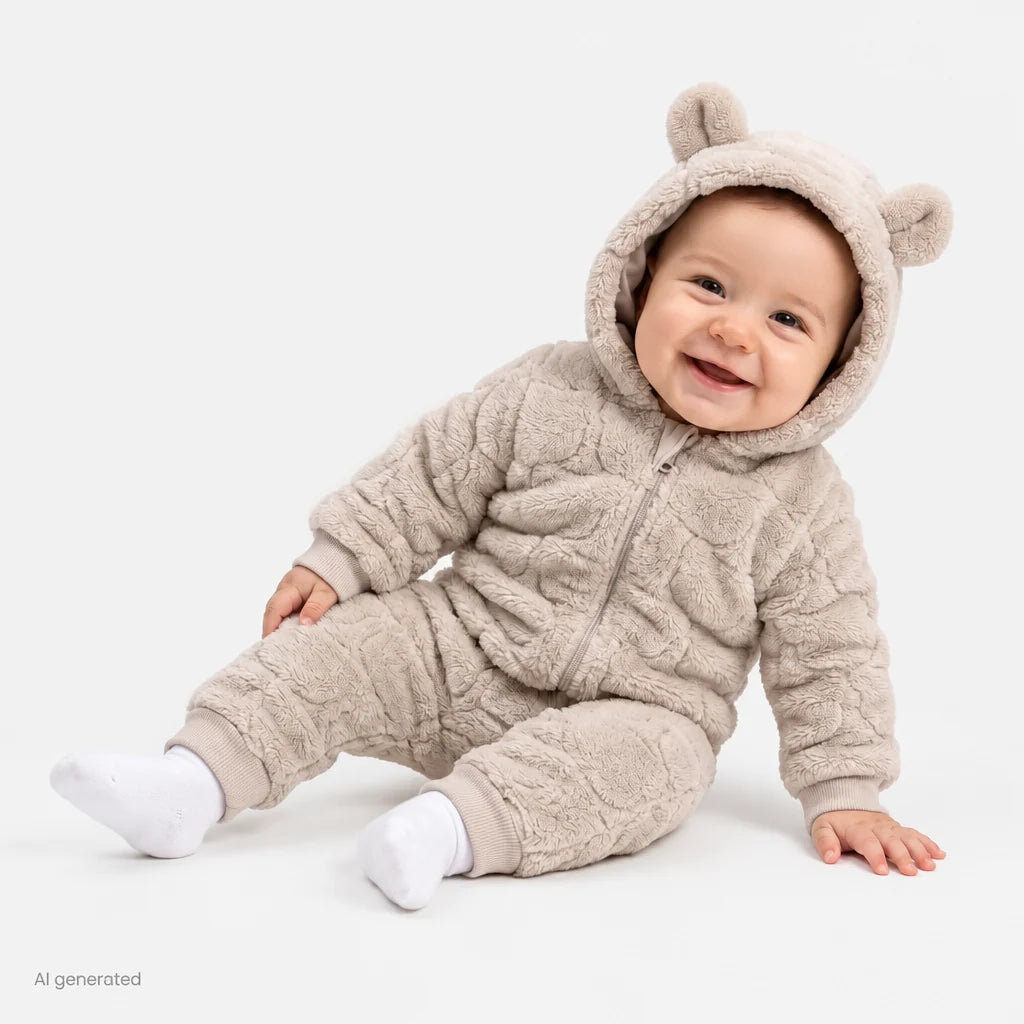 Midimod Animal Print Hooded Fleece Baby Pramsuit (1-3 Months to 12 Months) - Beige