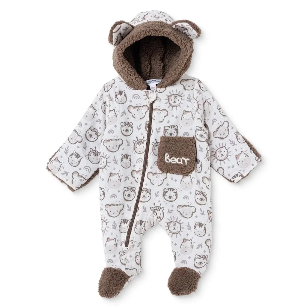 Midimod Animal Print Hooded Lined Fleece Baby Pramsuit (1-3 Months to 12 Months) - Ecru Printed