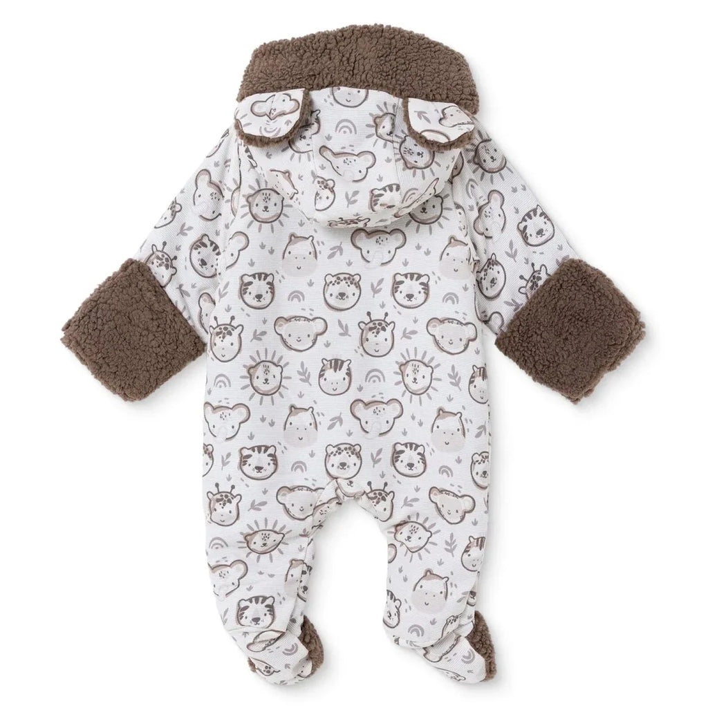 Midimod Animal Print Hooded Lined Fleece Baby Pramsuit (1-3 Months to 12 Months) - Ecru Printed