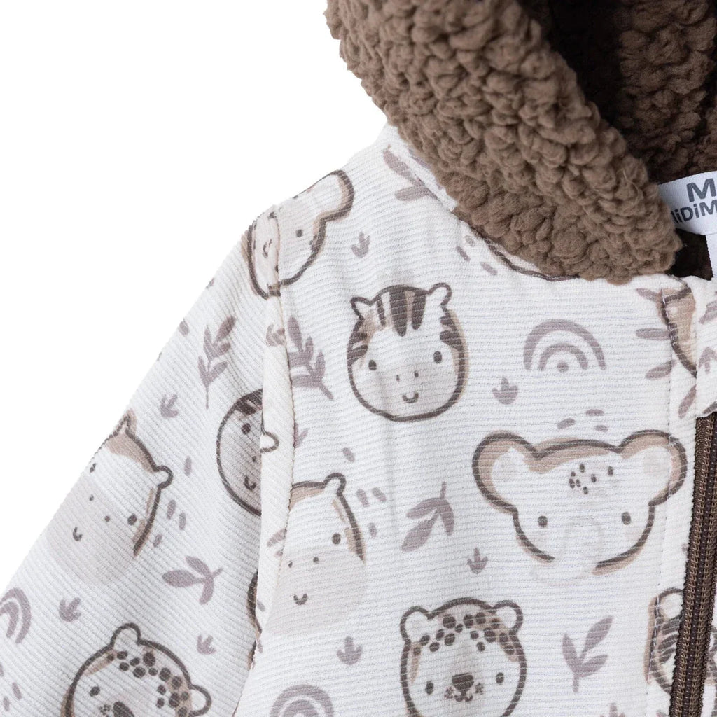 Midimod Animal Print Hooded Lined Fleece Baby Pramsuit (1-3 Months to 12 Months) - Ecru Printed
