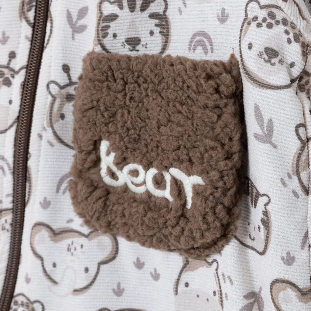 Midimod Animal Print Hooded Lined Fleece Baby Pramsuit (1-3 Months to 12 Months) - Ecru Printed