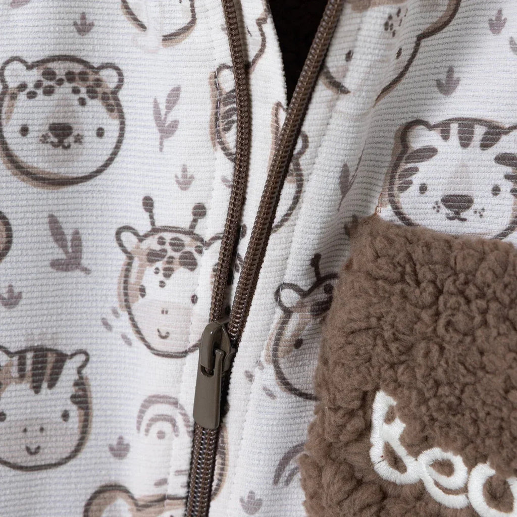 Midimod Animal Print Hooded Lined Fleece Baby Pramsuit (1-3 Months to 12 Months) - Ecru Printed