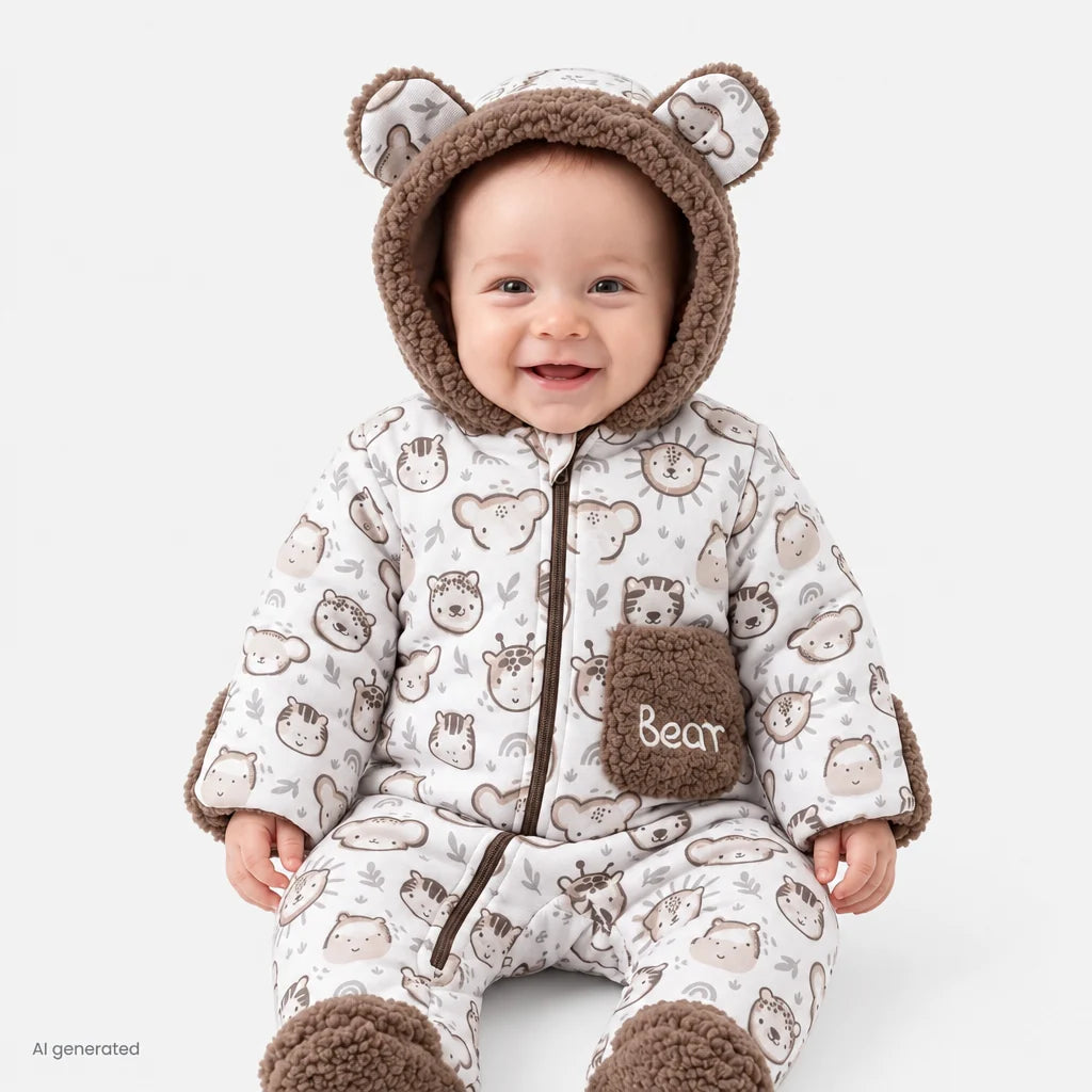 Midimod Animal Print Hooded Lined Fleece Baby Pramsuit (1-3 Months to 12 Months) - Ecru Printed