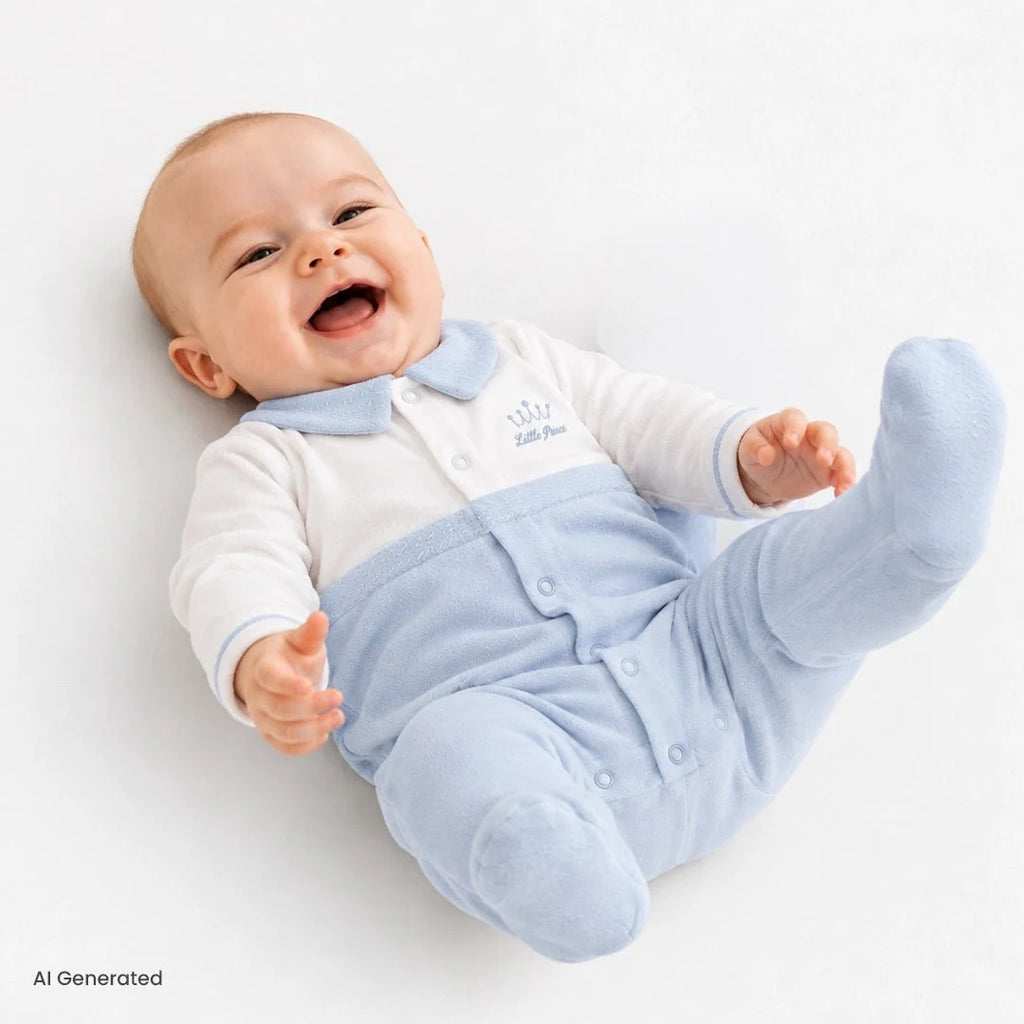 Bebetto "Little Boss" Slogan Buttoned Shirt Collar Footed Baby Sleepsuit (Newborn to 6-9 Months) - Blue