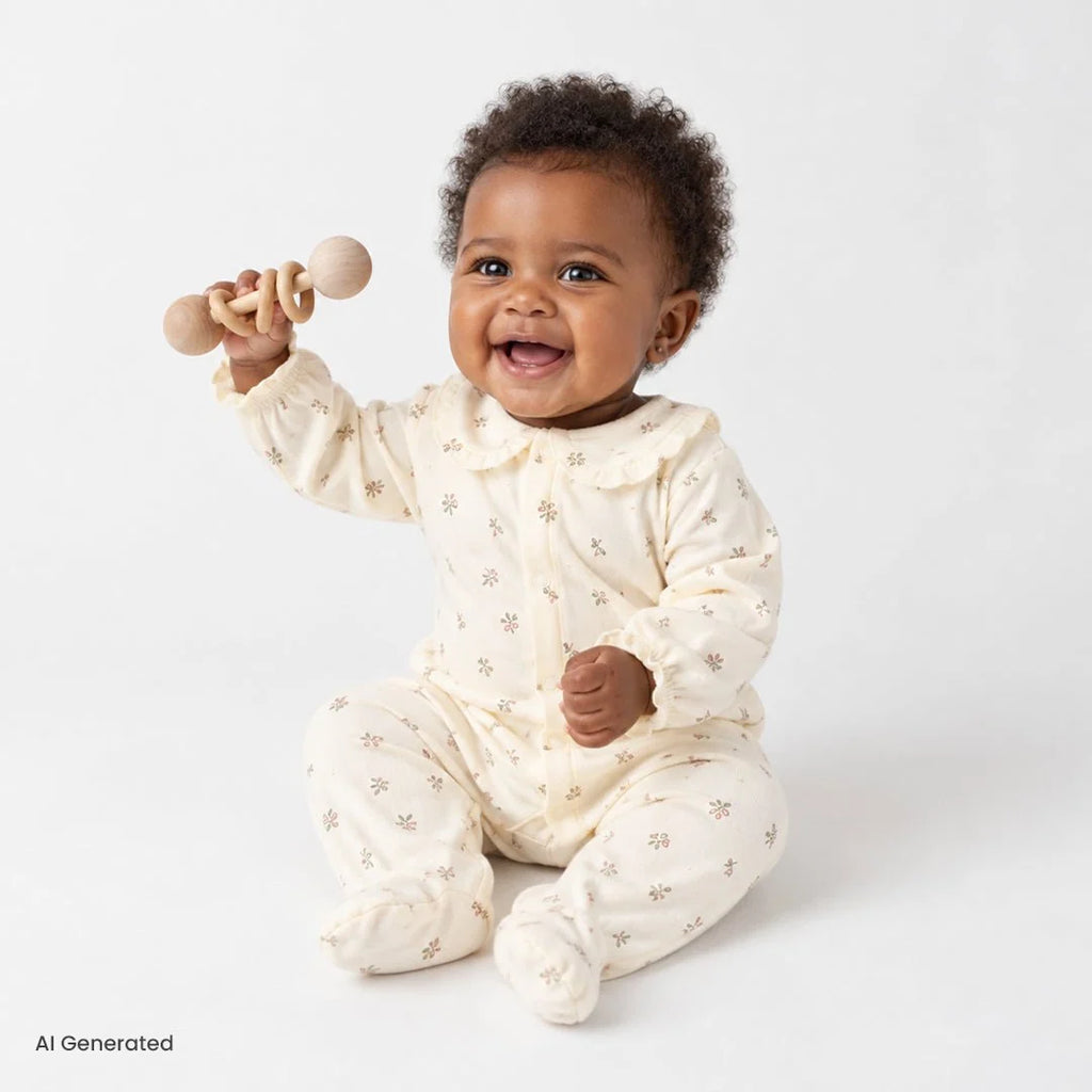 Bebetto Quilted Long Sleeve Baby Sleepsuit with Feet (Newborn to 6-9 Months) - Ecru