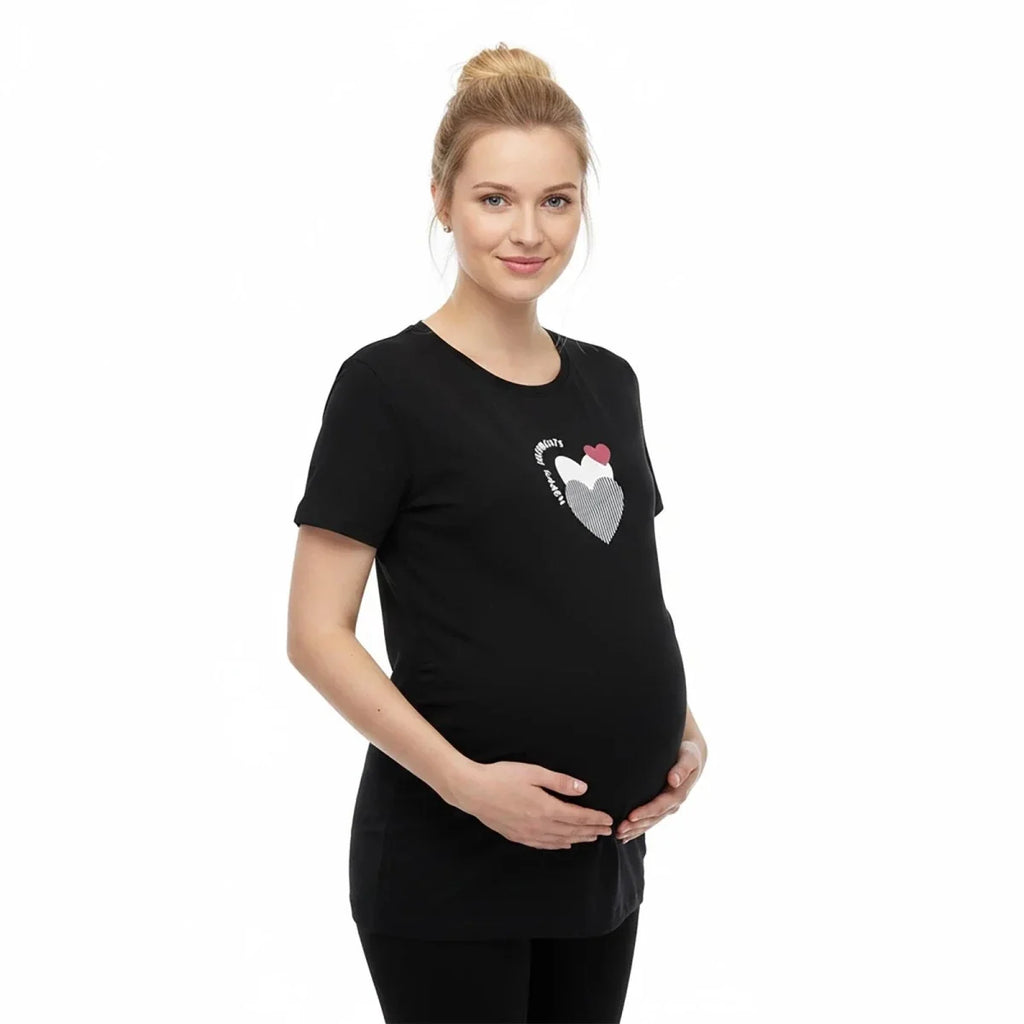 Baby Mom Heart Print Women's Maternity Short Sleeve T-Shirt (S to 2XL) - Black
