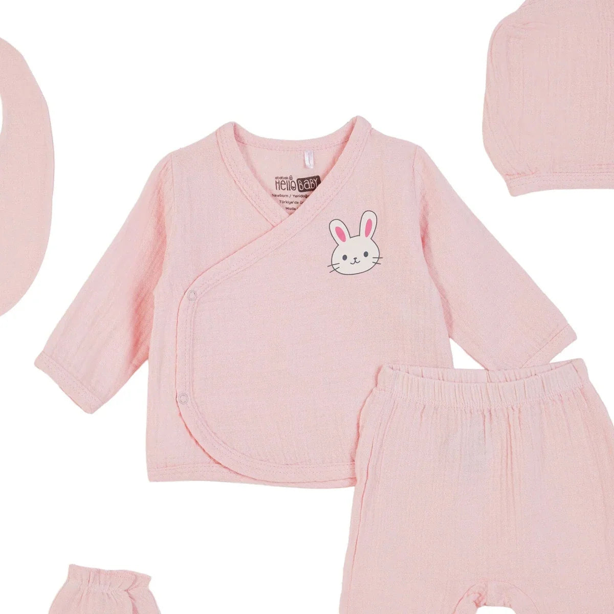 HelloBaby 5 Piece Bunny Print Muslin Baby Hospital Bag Set on a Hanger (Newborn) - Pink
