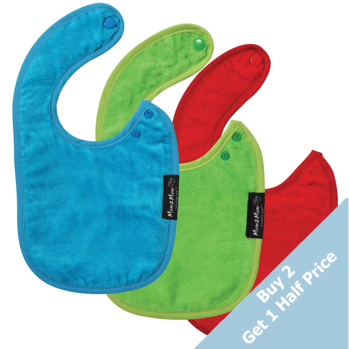 3 PACK - Mum 2 Mum Infant Wonder Bibs - Red / Lime / Teal