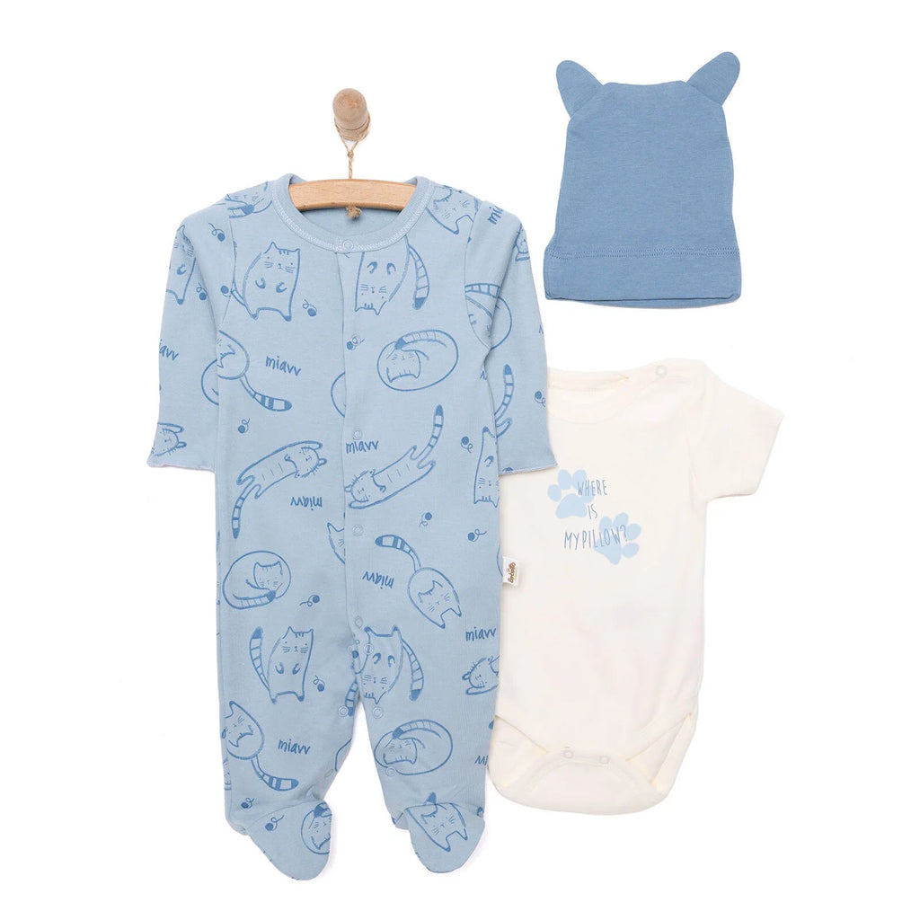 Bebetto Car Print Baby Bodysuit, Hat & Footed Sleepsuit Set (Newborn to 3 Months)