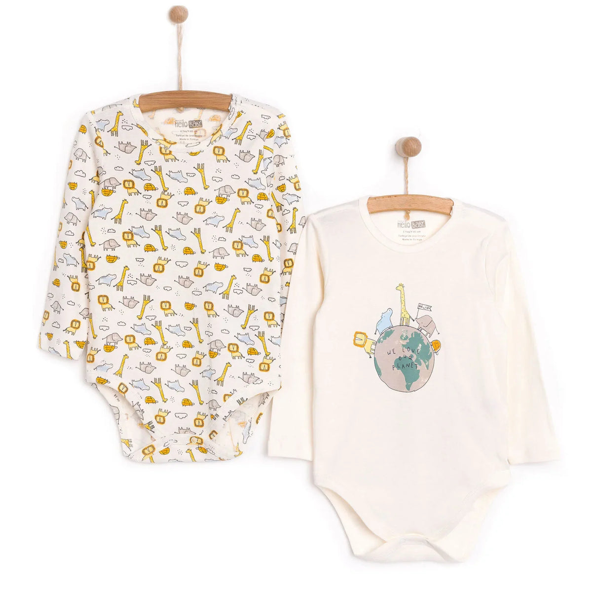 HelloBaby 2 Pack "We Love Our Planet" Slogan Long Sleeve Baby Bodysuits (3 Months to 3 Years)