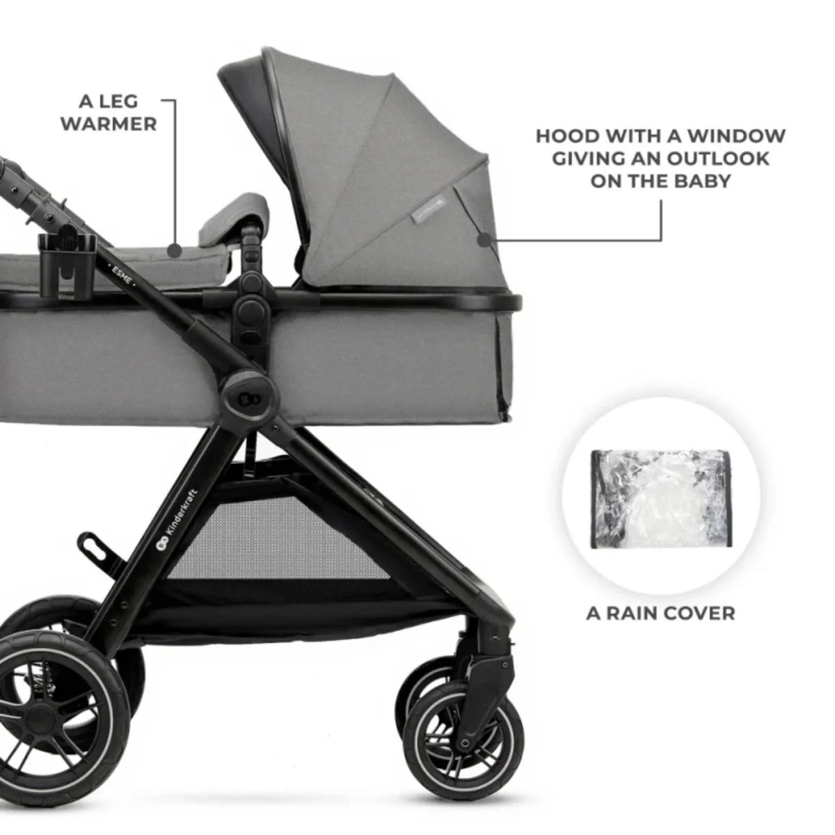 Kinderkraft Esme Pro 3-in-1 Travel System with Mink Pro Car Seat - Moonlight Grey
