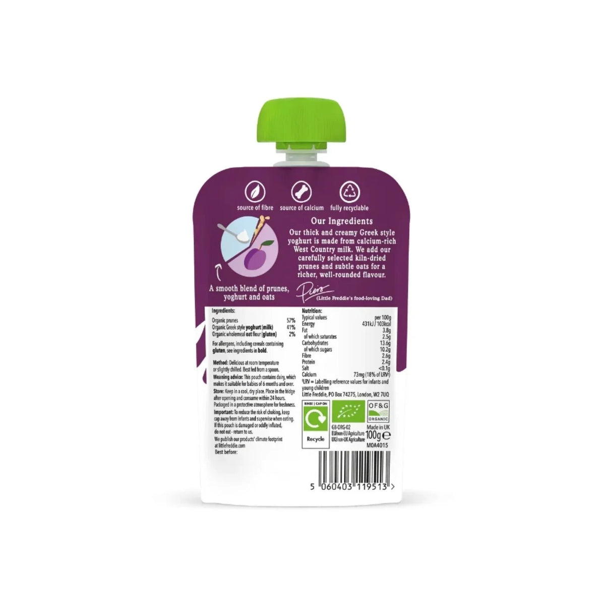 Little Freddie Organic Prune Greek Style Yoghurt with Oats Baby Food Pouch 6+ months 100g