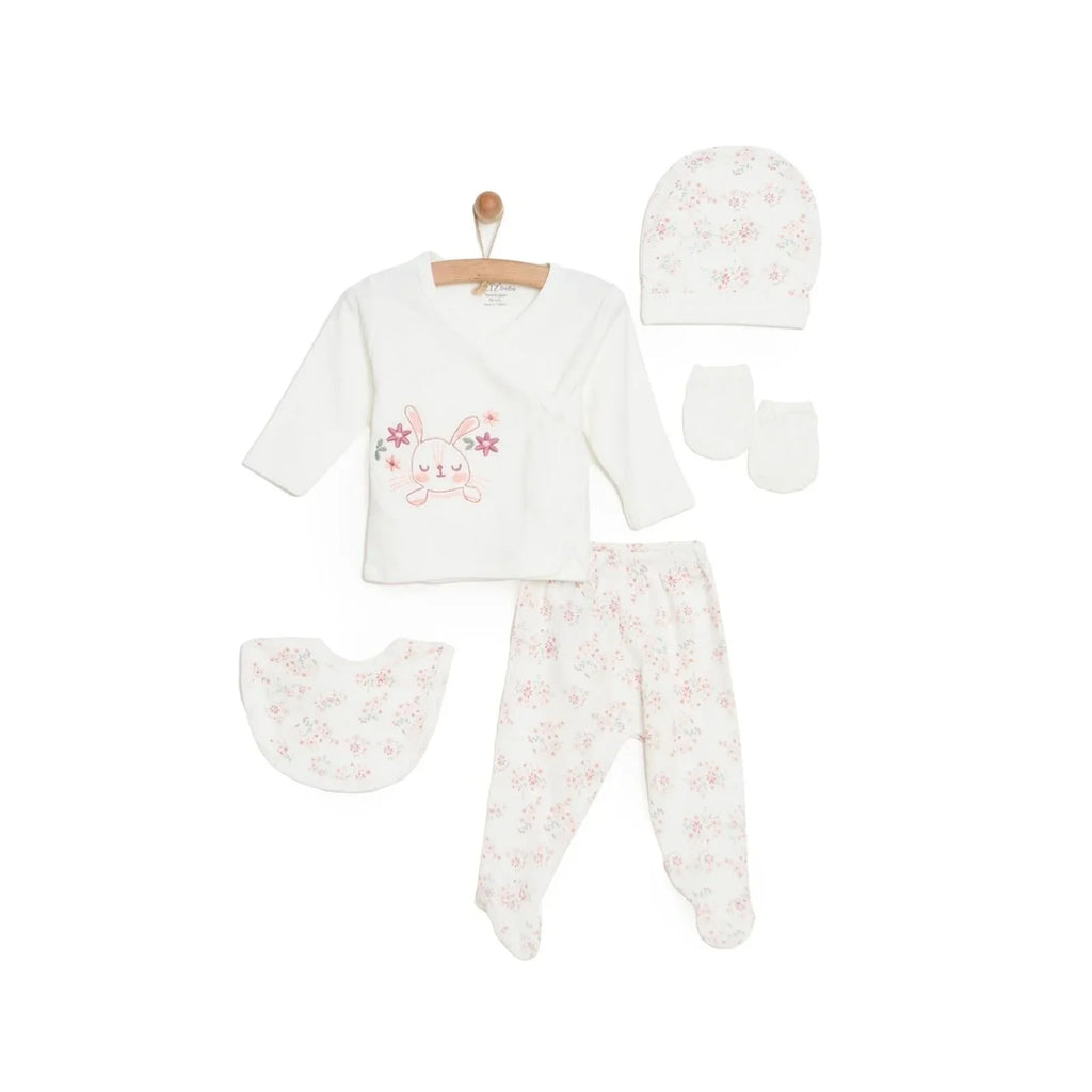 Aziz Bebe 5 Piece Bunny Embroidered Envelope Neck Baby Hospital Bag Set (Newborn)
