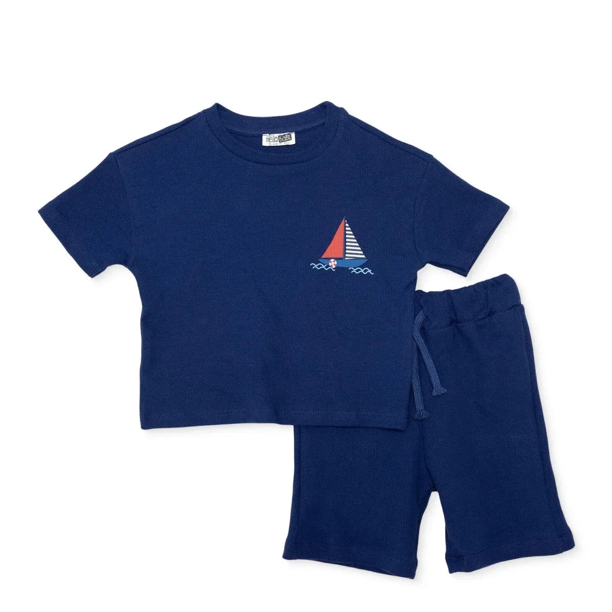 HelloBaby Short Sleeve Waffle Baby T-Shirt & Shorts Set (6-9 Months to 4-5 Years) - Navy Blue