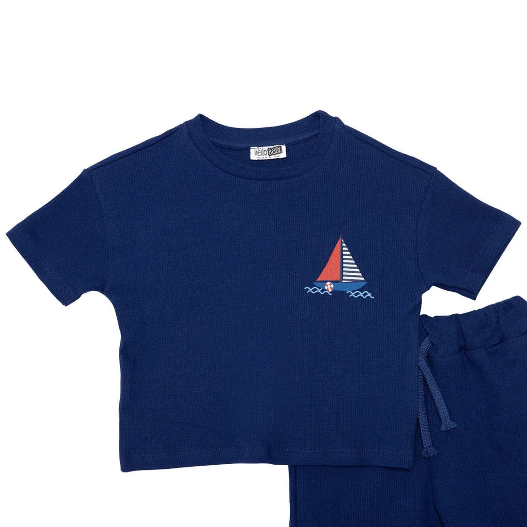 HelloBaby Short Sleeve Waffle Baby T-Shirt & Shorts Set (6-9 Months to 4-5 Years) - Navy Blue