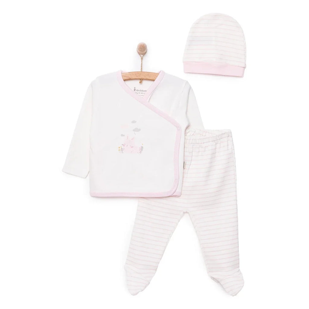 Bebbek Bunny Print Peter Pan Collar Baby Hat, Vest & Bottoms Set (Newborn to 6 Months) - Ecru