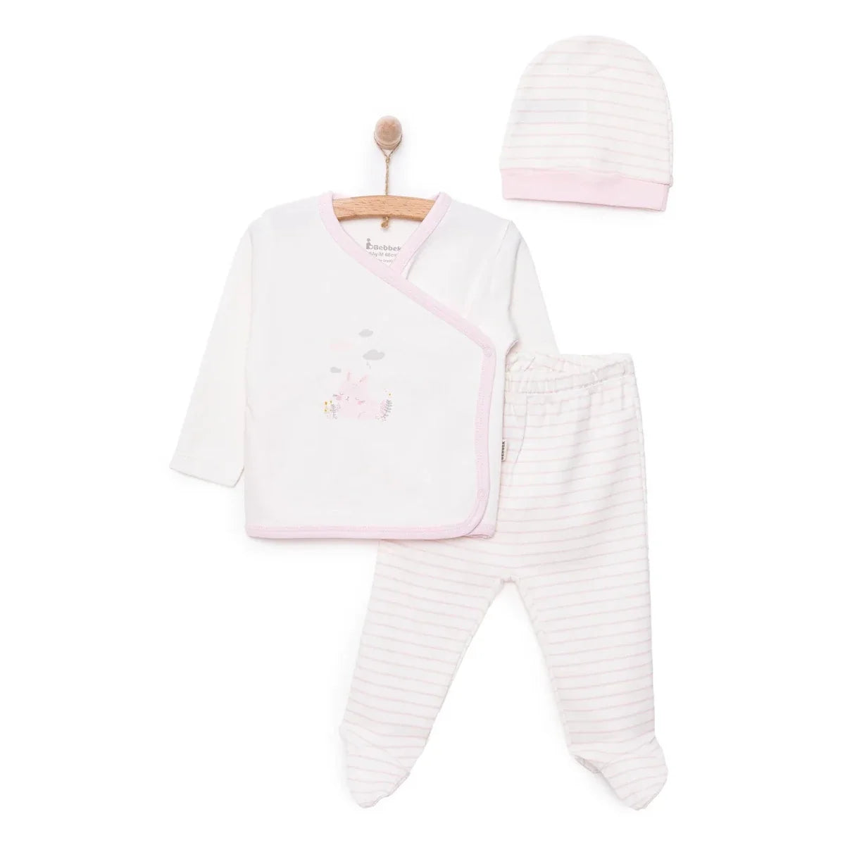 Bebbek Bunny Print Peter Pan Collar Baby Hat, Vest & Bottoms Set (Newborn to 6 Months) - Ecru