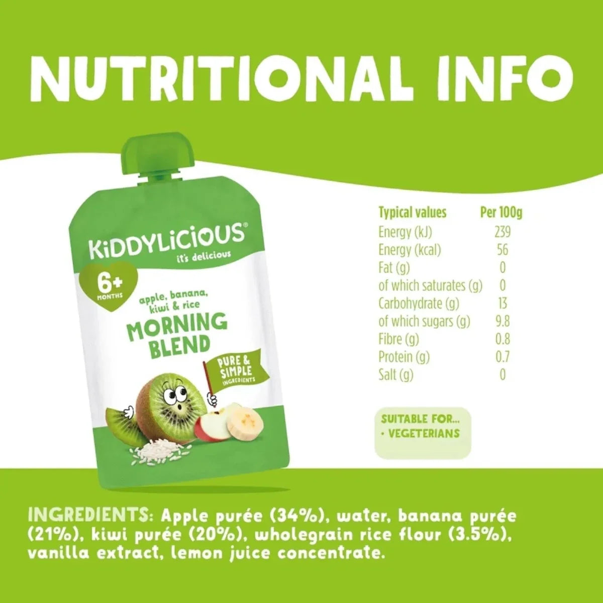 Kiddylicious Pouches Morning Blend Kiwi Rice 6+ months 100g