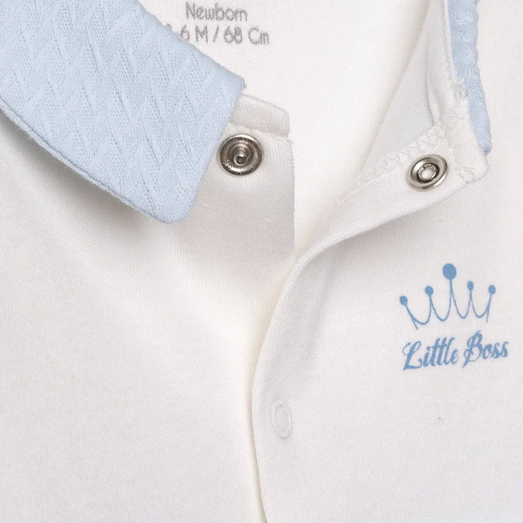 Bebetto "Little Boss" Slogan Buttoned Shirt Collar Footed Baby Sleepsuit (Newborn to 6-9 Months) - Blue