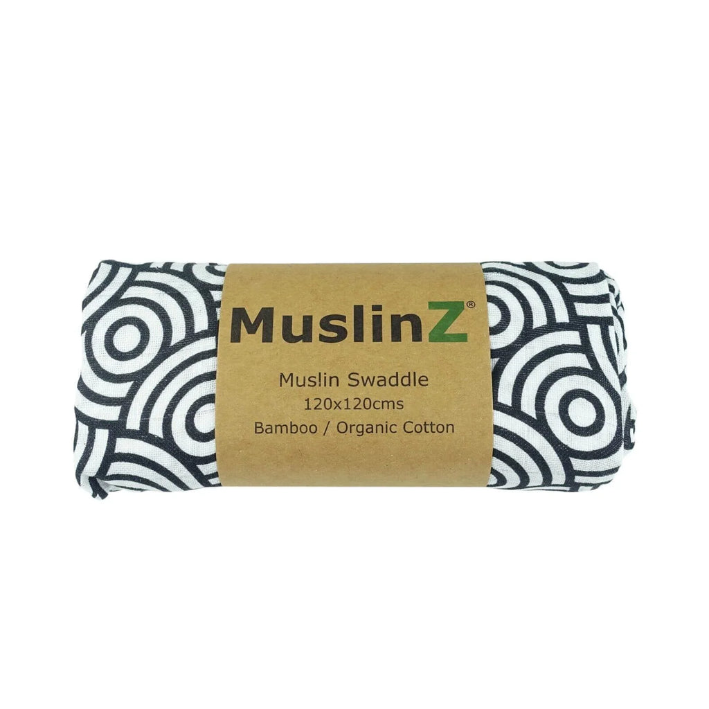 MuslinZ Bamboo/Organic Cotton Muslin Swaddle 120x120cm - Black Swirl