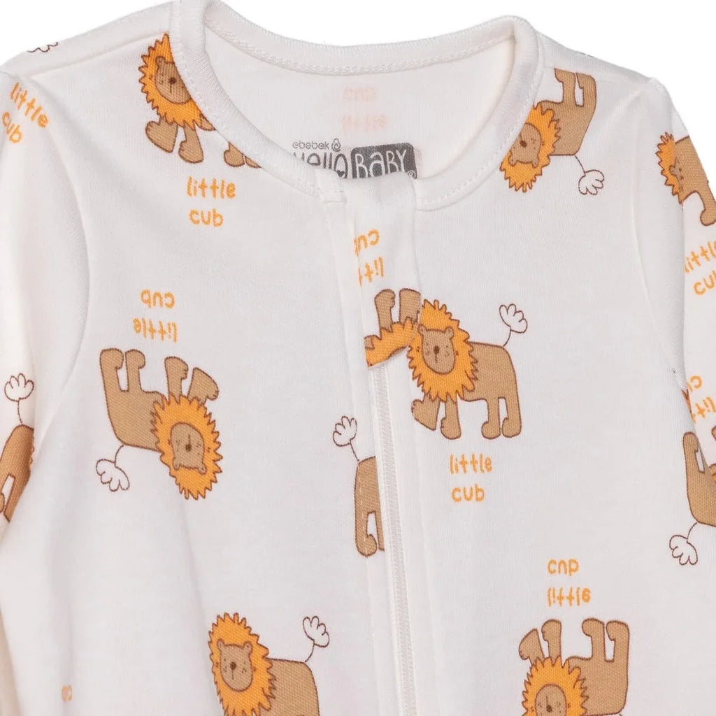 HelloBaby Lion Print Crew Neck Long Sleeve Baby Sleepsuit with Feet (Newborn to 6-9 Months) - Beige
