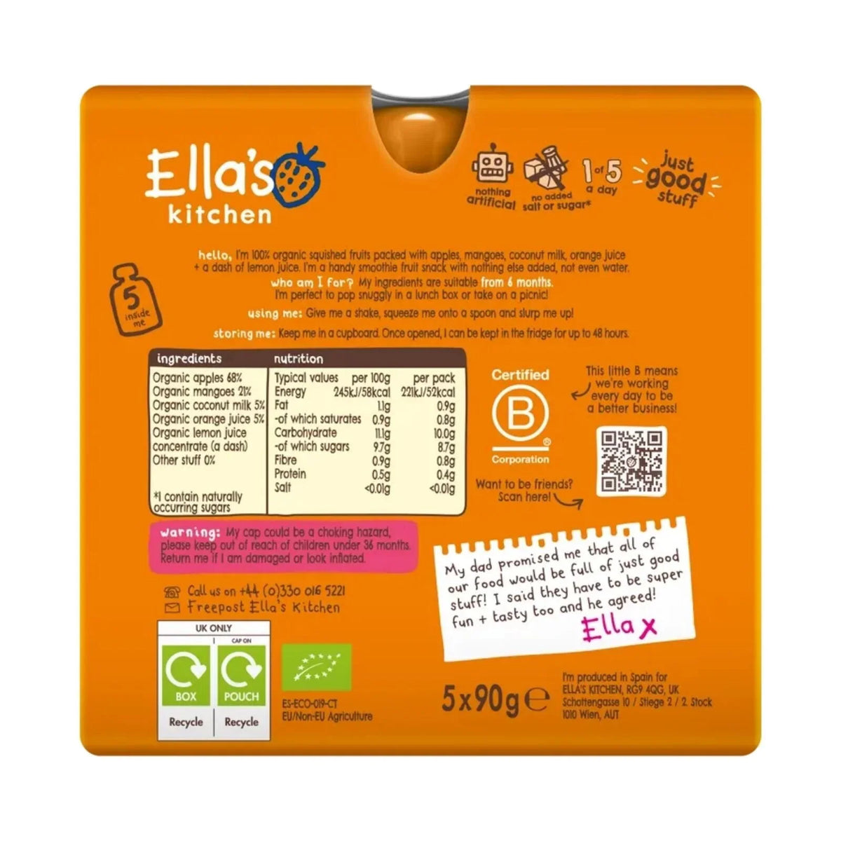 Ella's Kitchen Smoothie Organic The Orange One Multipack Baby Food Pouch 6+ months 450g (5x90g)