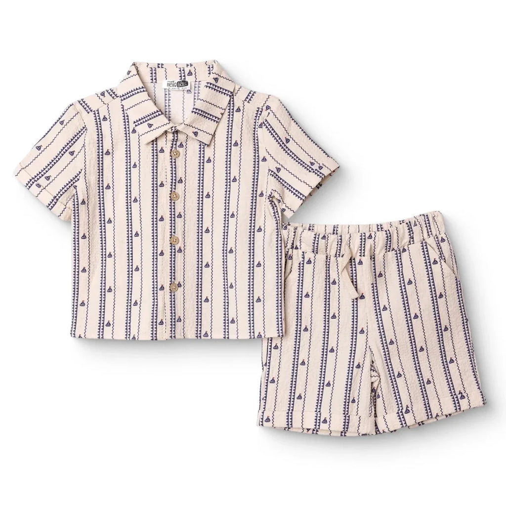 HelloBaby Short Sleeve Muslin Baby Shirt & Shorts Set (6-9 Months to 3-4 Years) - Ecru Printed