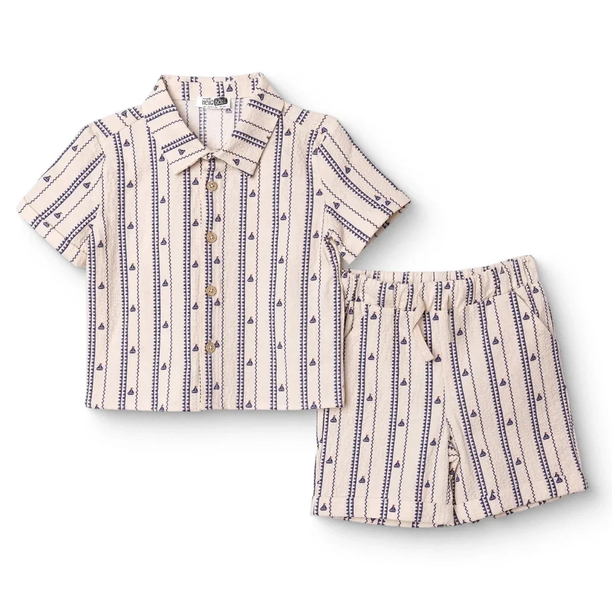 HelloBaby Short Sleeve Muslin Baby Shirt & Shorts Set (6-9 Months to 3-4 Years) - Ecru Printed