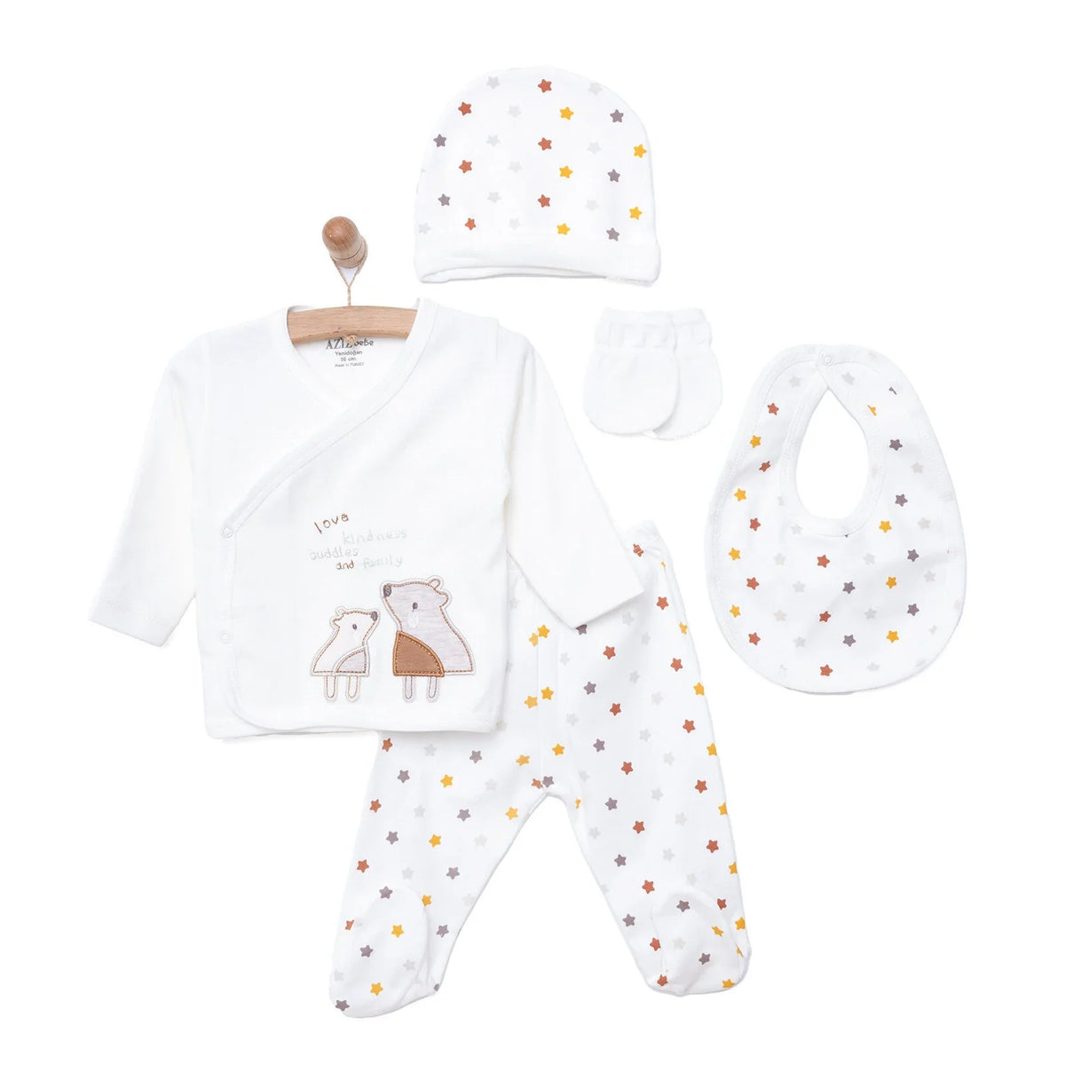 Aziz Bebe 5 Piece "Love Kindness Cuddles and Family" Slogan Baby Hospital Bag Set with Footed Legs (Newborn)