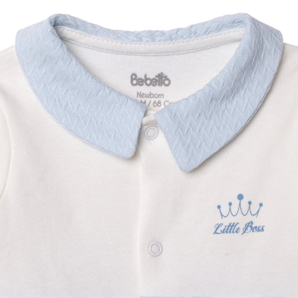 Bebetto "Little Boss" Slogan Buttoned Shirt Collar Footed Baby Sleepsuit (Newborn to 6-9 Months) - Blue